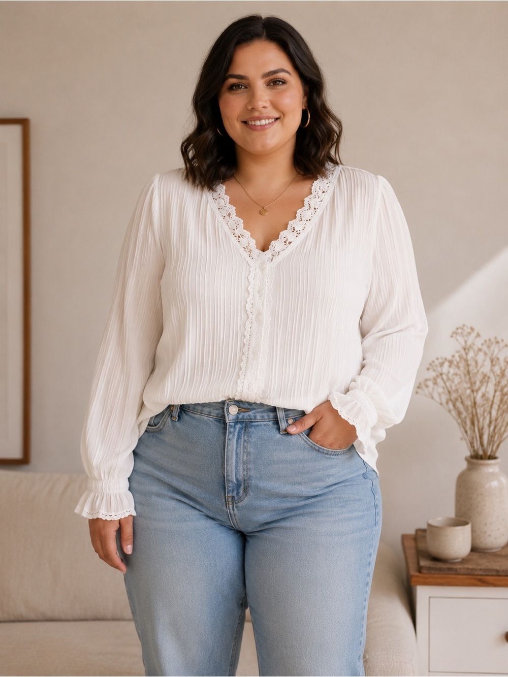 White Pleated Lace Trim Blouse